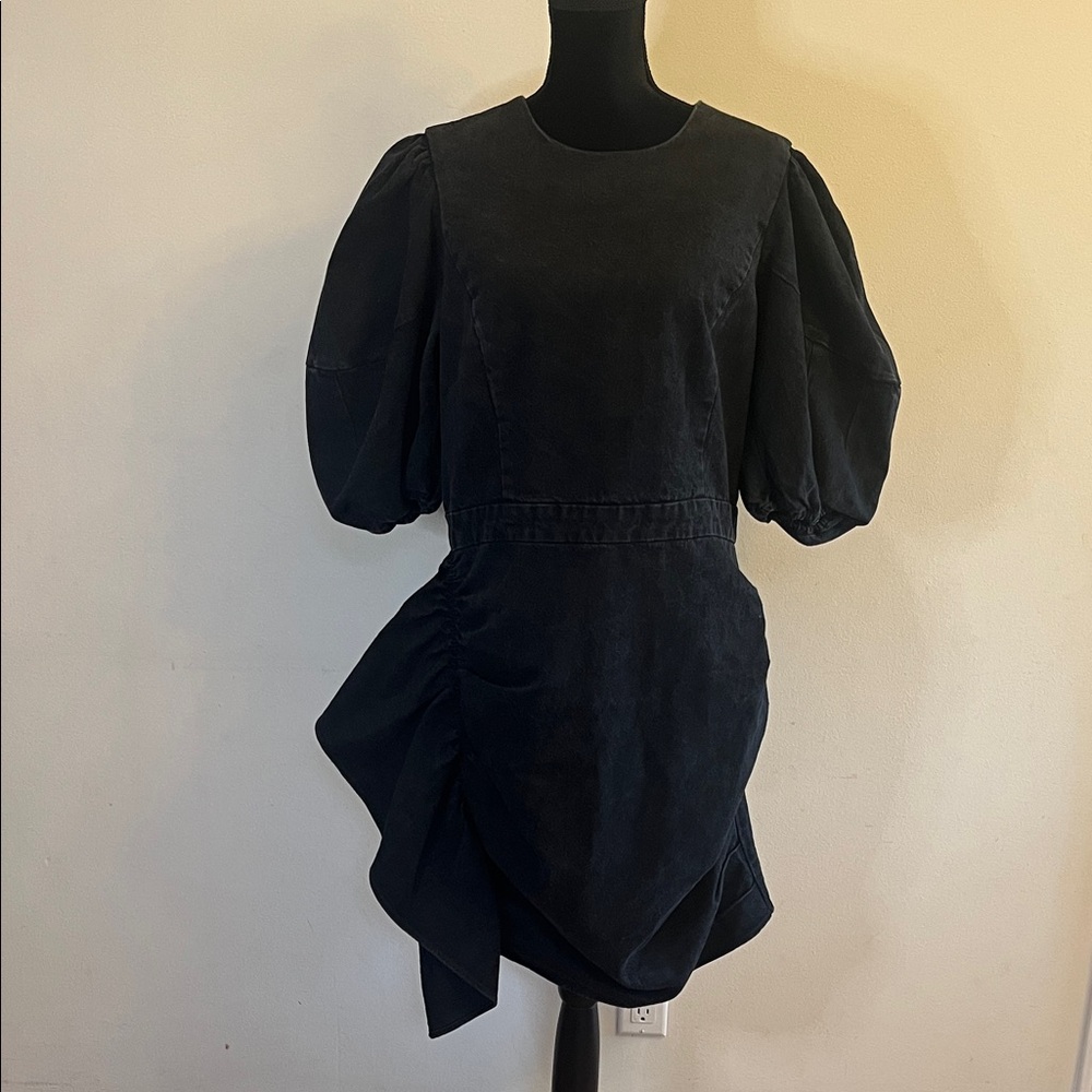 RHODE Pia Black Denim Puff Sleeve Mini Dress